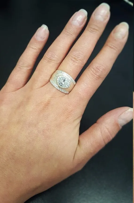 Pink Statement Ring - Rose Quartz Vintage Ring - Wide Silver Band