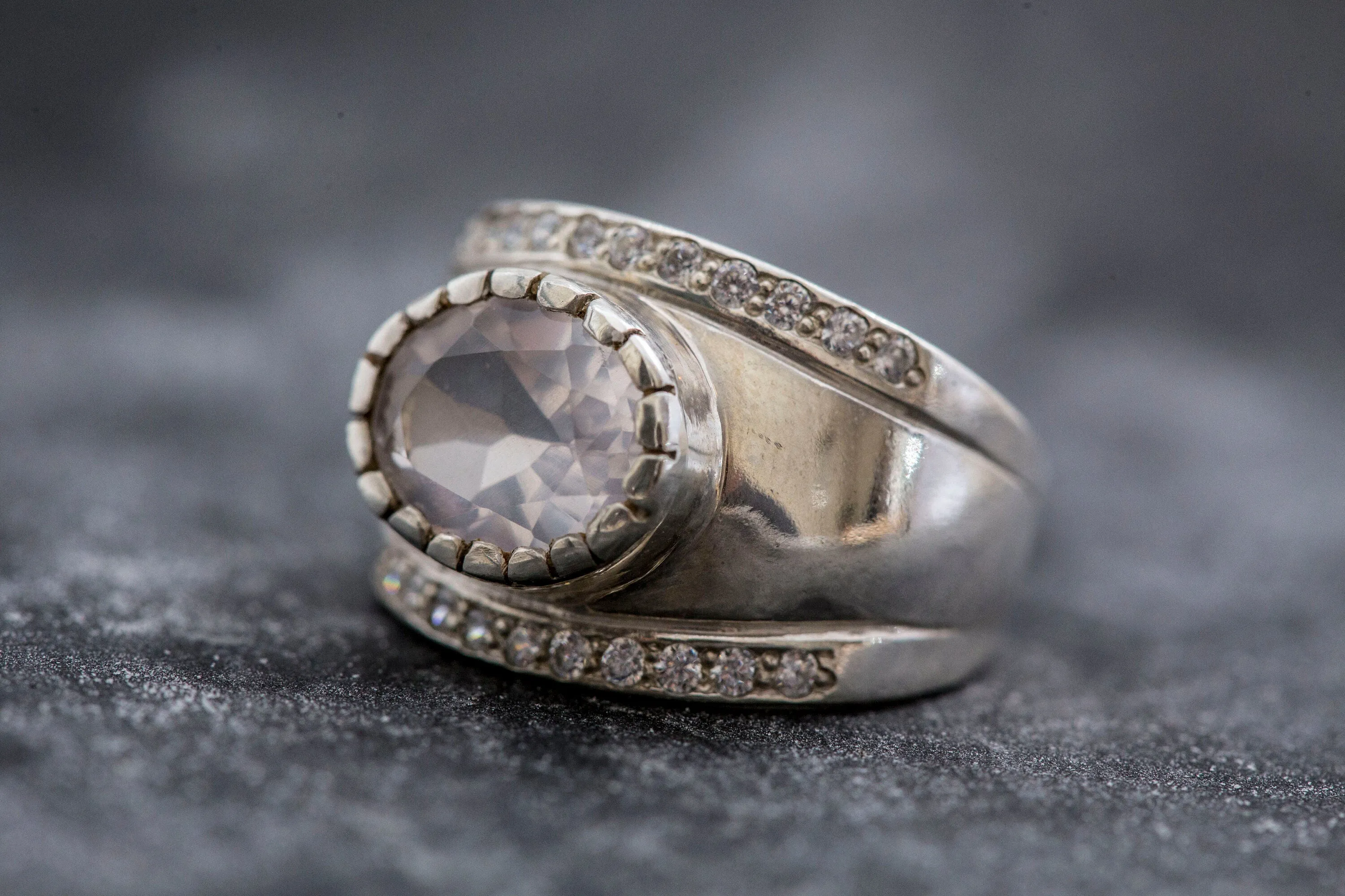 Pink Statement Ring - Rose Quartz Vintage Ring - Wide Silver Band