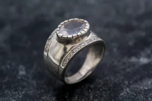 Pink Statement Ring - Rose Quartz Vintage Ring - Wide Silver Band