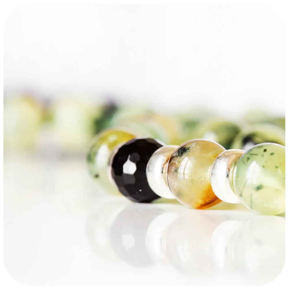 Prehnite and Onyx Bead Necklace with Silver Detail