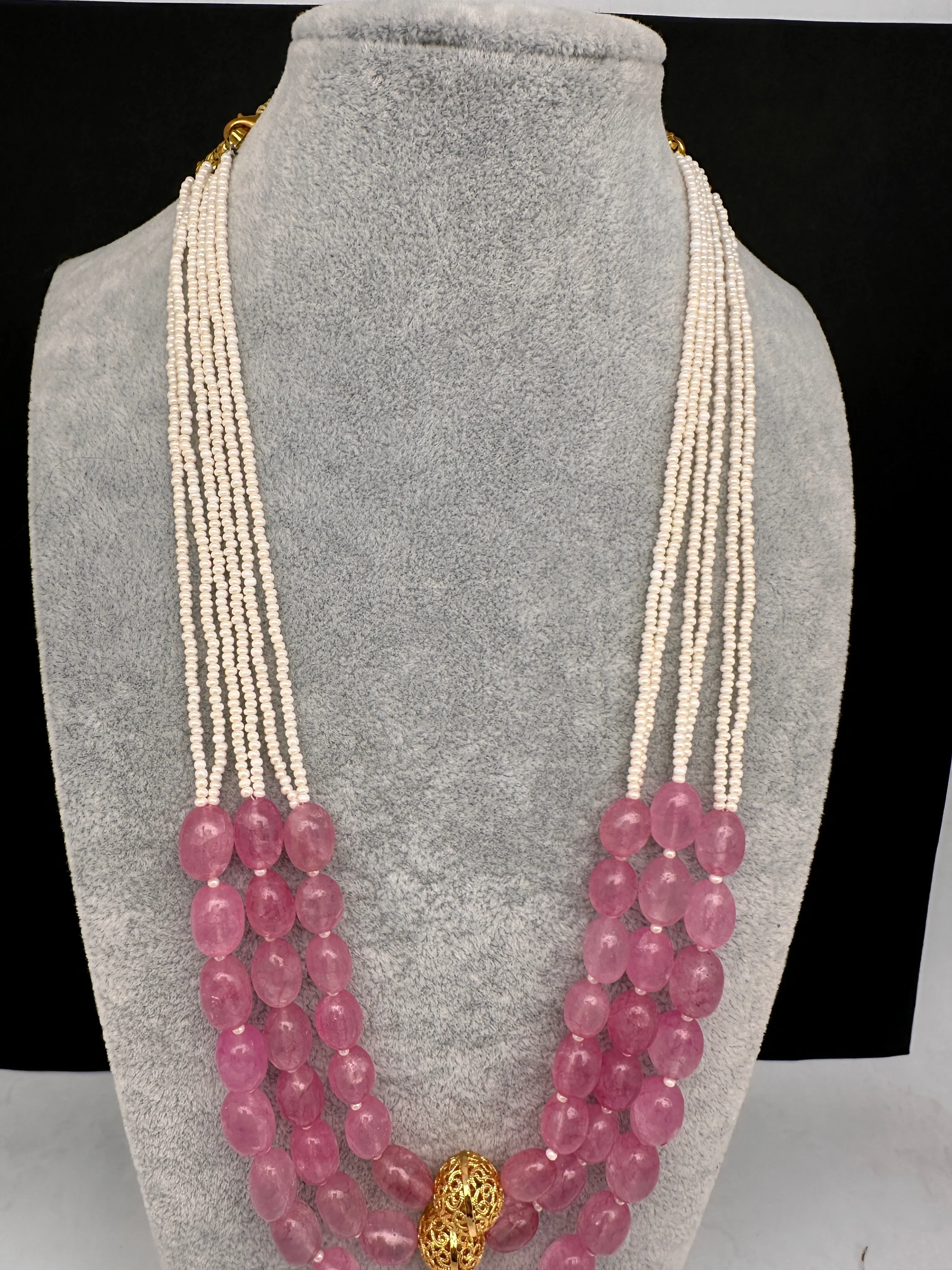 Real Rose Quartz Multi Layer Mala Necklace
