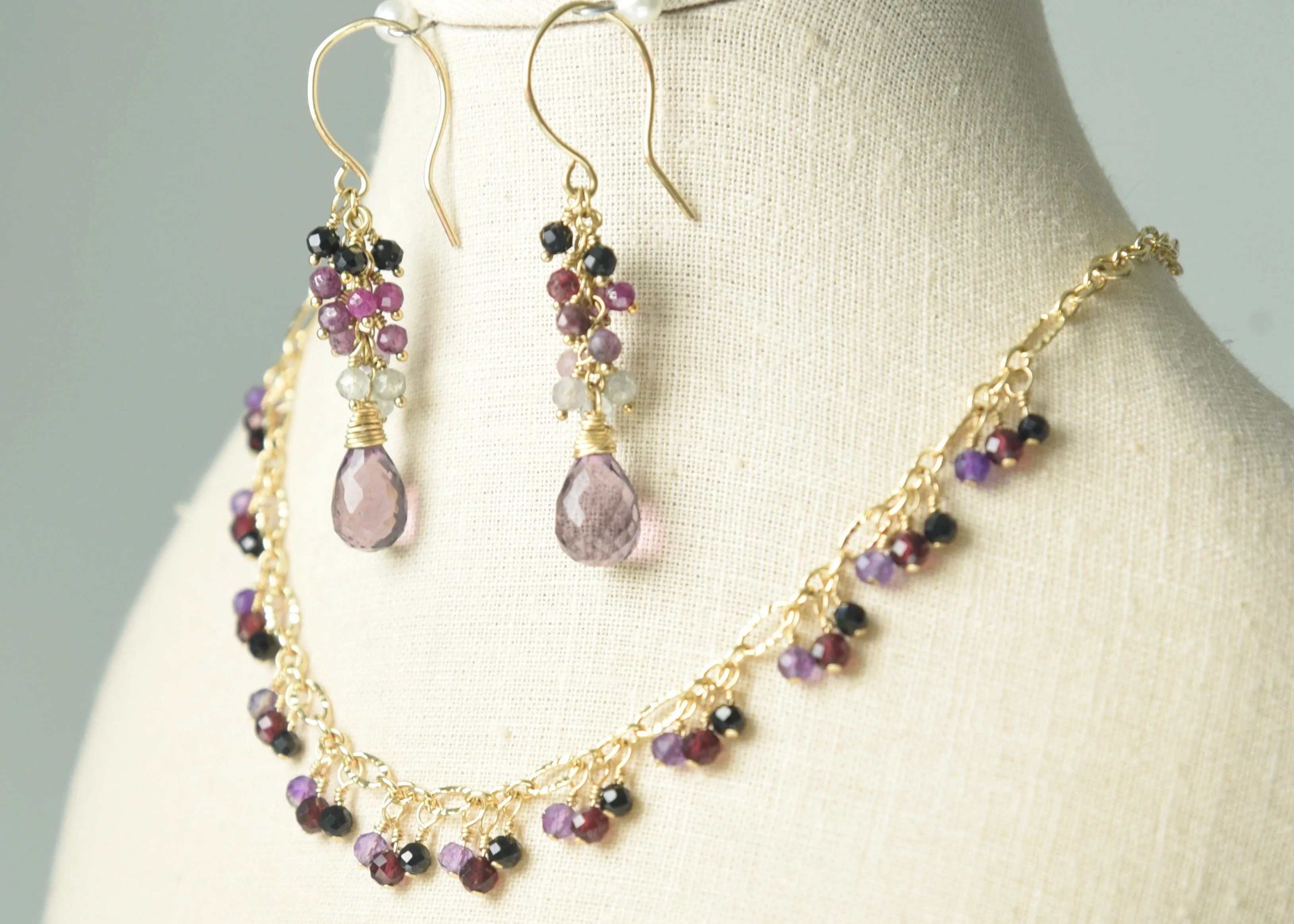 RUBY SAPPHIRE CASCADE & KUNZITE PINK QUARTZ EARRINGS