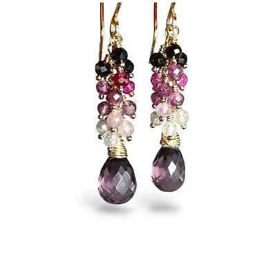 RUBY SAPPHIRE CASCADE & KUNZITE PINK QUARTZ EARRINGS