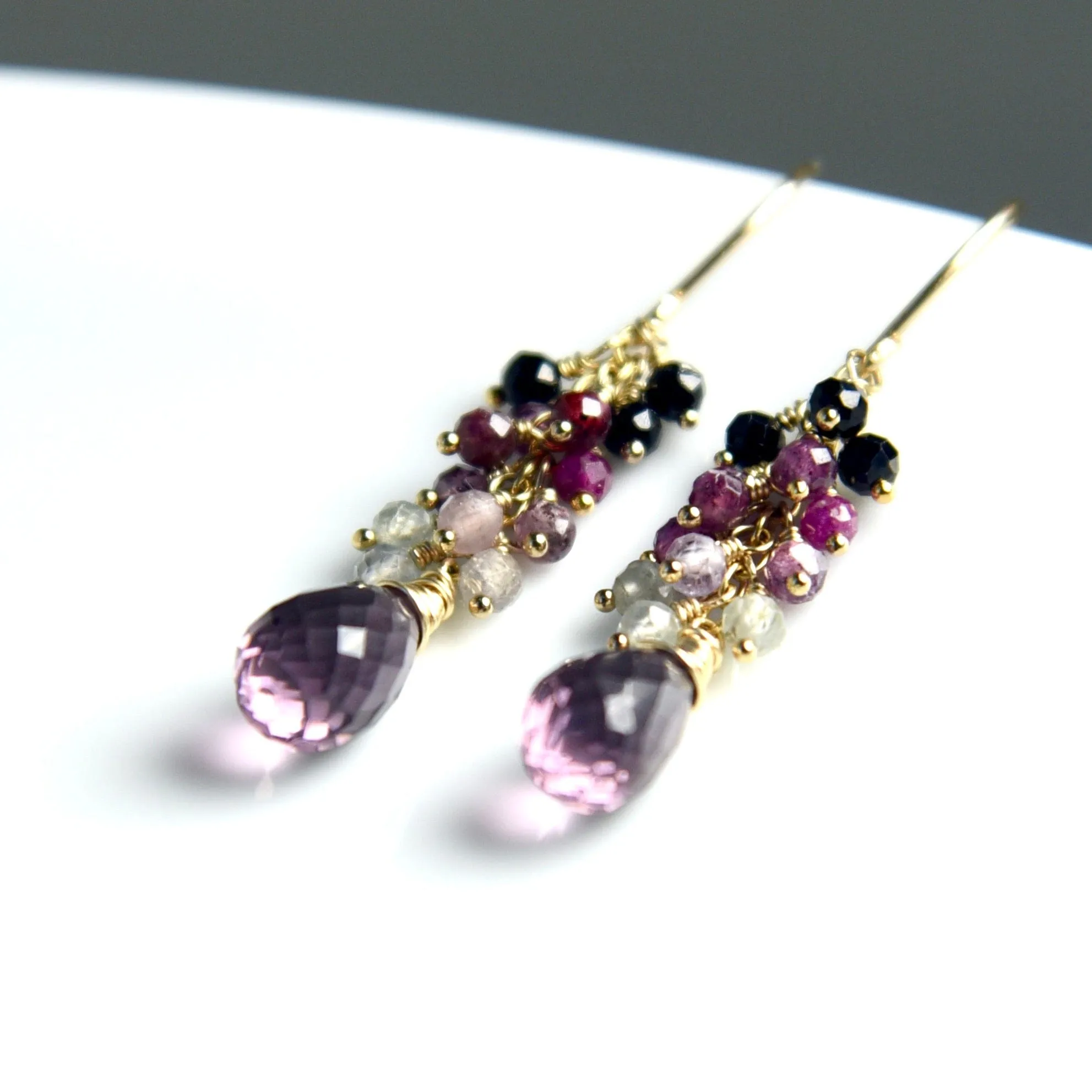 RUBY SAPPHIRE CASCADE & KUNZITE PINK QUARTZ EARRINGS