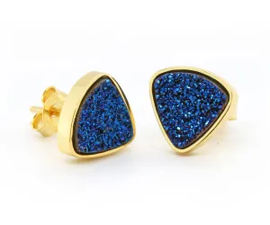 Small Triangle Blue Druzy Gold Stud Earrings