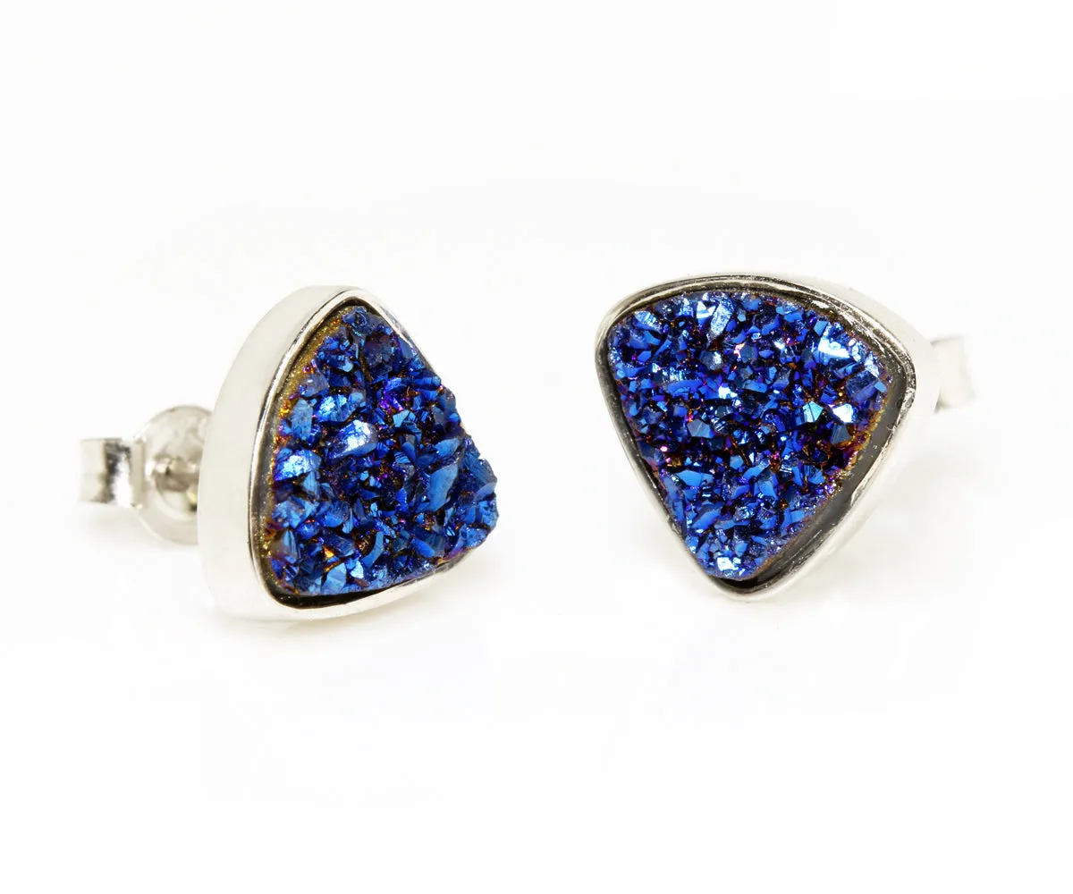 Small Triangle Blue Druzy Stud Earrings