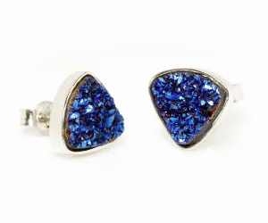 Small Triangle Blue Druzy Stud Earrings