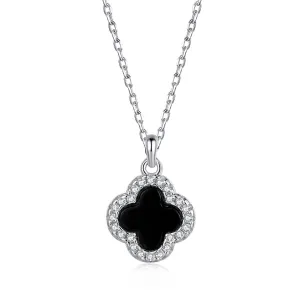 Sterling Silver Black Onyx Clover Necklace with CZ Border