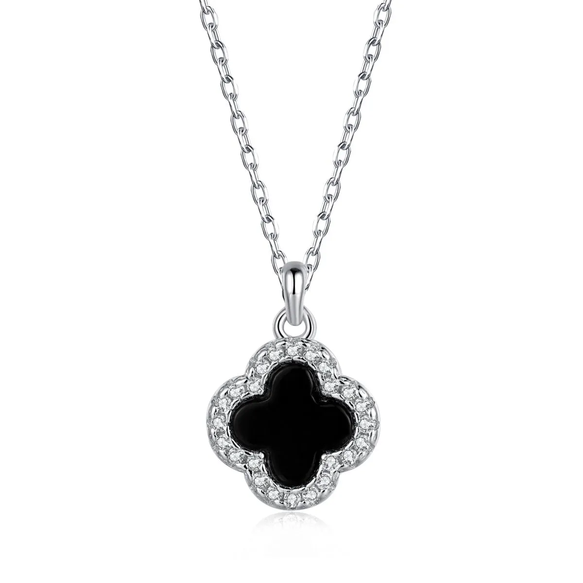 Sterling Silver Black Onyx Clover Necklace with CZ Border