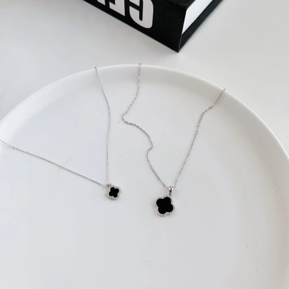 Sterling Silver Black Onyx Clover Necklace with CZ Border