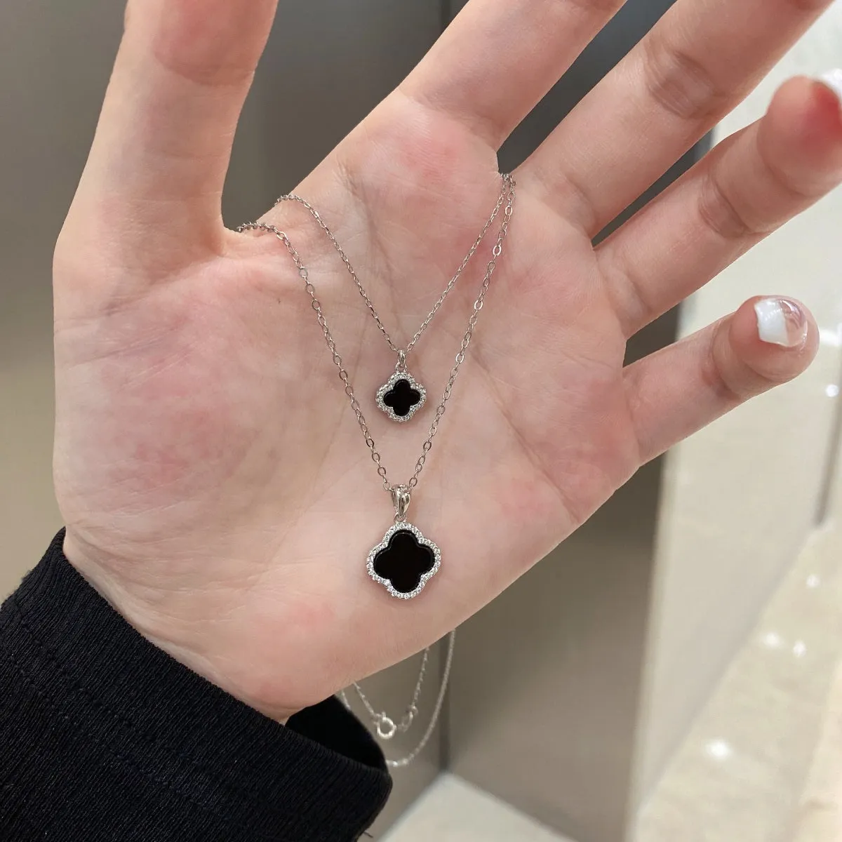 Sterling Silver Black Onyx Clover Necklace with CZ Border