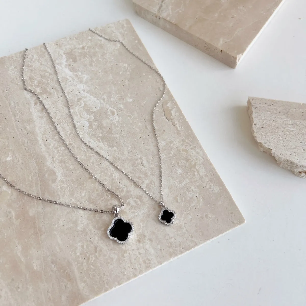 Sterling Silver Black Onyx Clover Necklace with CZ Border