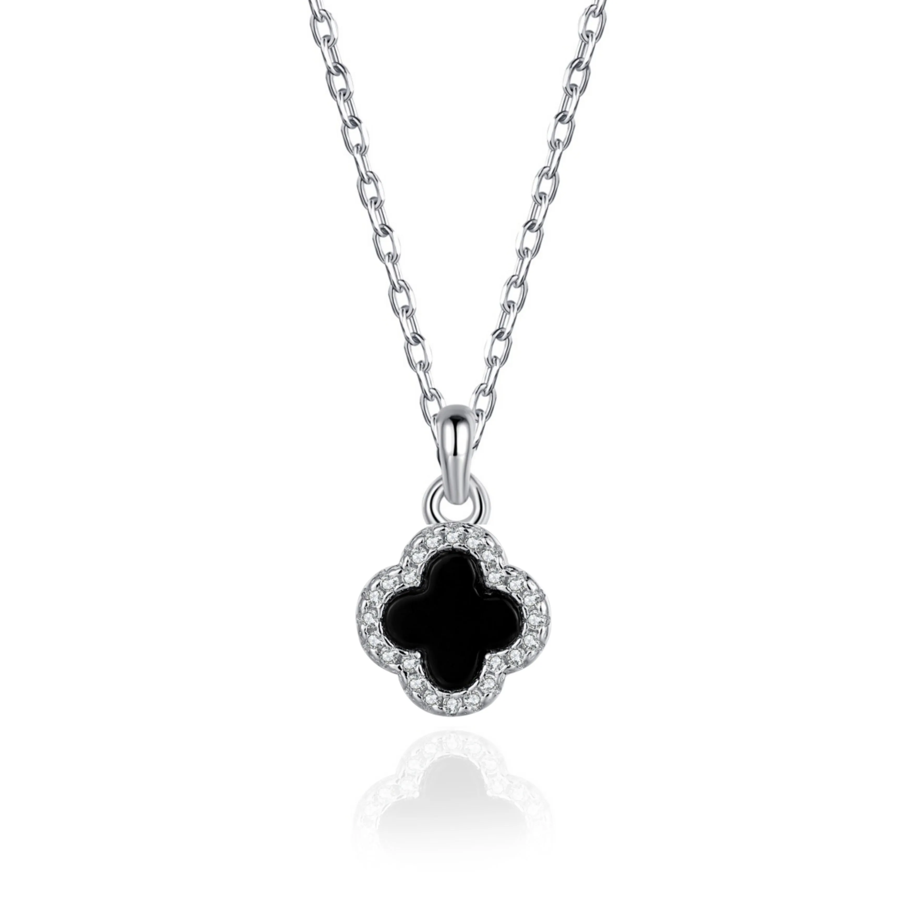 Sterling Silver Black Onyx Clover Necklace with CZ Border