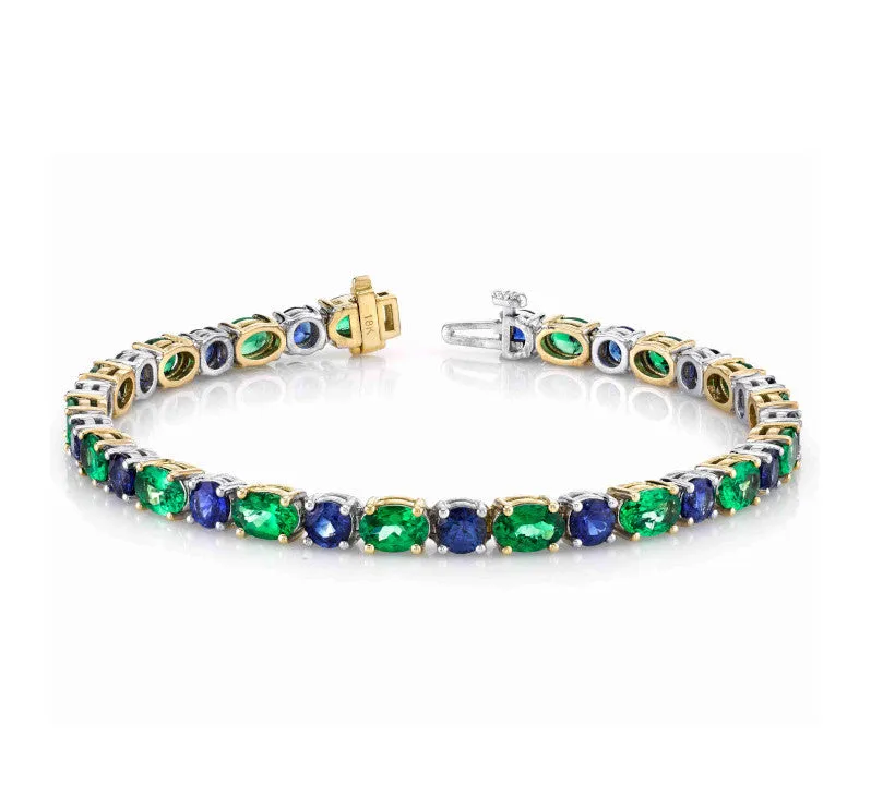 Tsavorite Green Garnet and Blue Sapphire Link Bracelet in 18k Gold