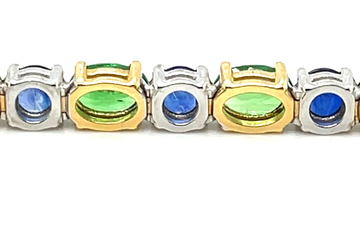 Tsavorite Green Garnet and Blue Sapphire Link Bracelet in 18k Gold