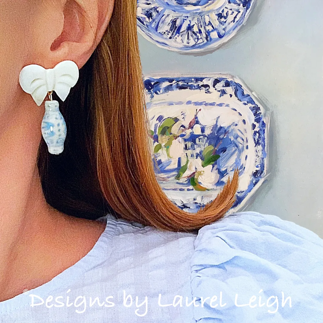 Wedgwood Blue Ginger Jar Pearl Bow Earrings